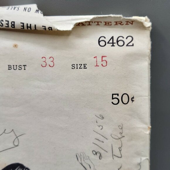 Butterick 1950's Junior Size 15 Flared Skirt Trim Bodice Sewing Pattern 6462 - Picture 3 of 4